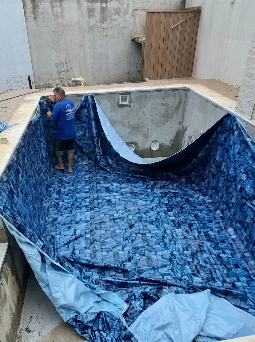 Instalação de revestimento em vinil numa piscina vazia