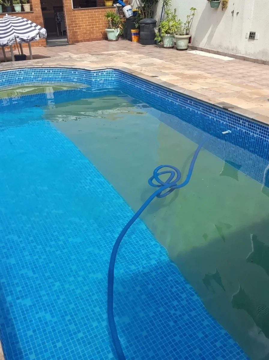 Piscina de pastilha azul sendo aspirada