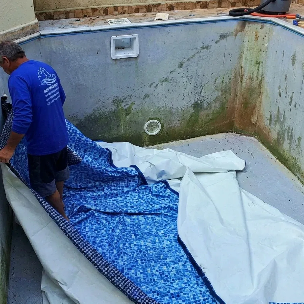 Revestimento em vinil sendo instalado numa piscina
